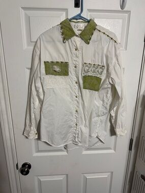 White Button-Down Shirt with Olive Green Accents